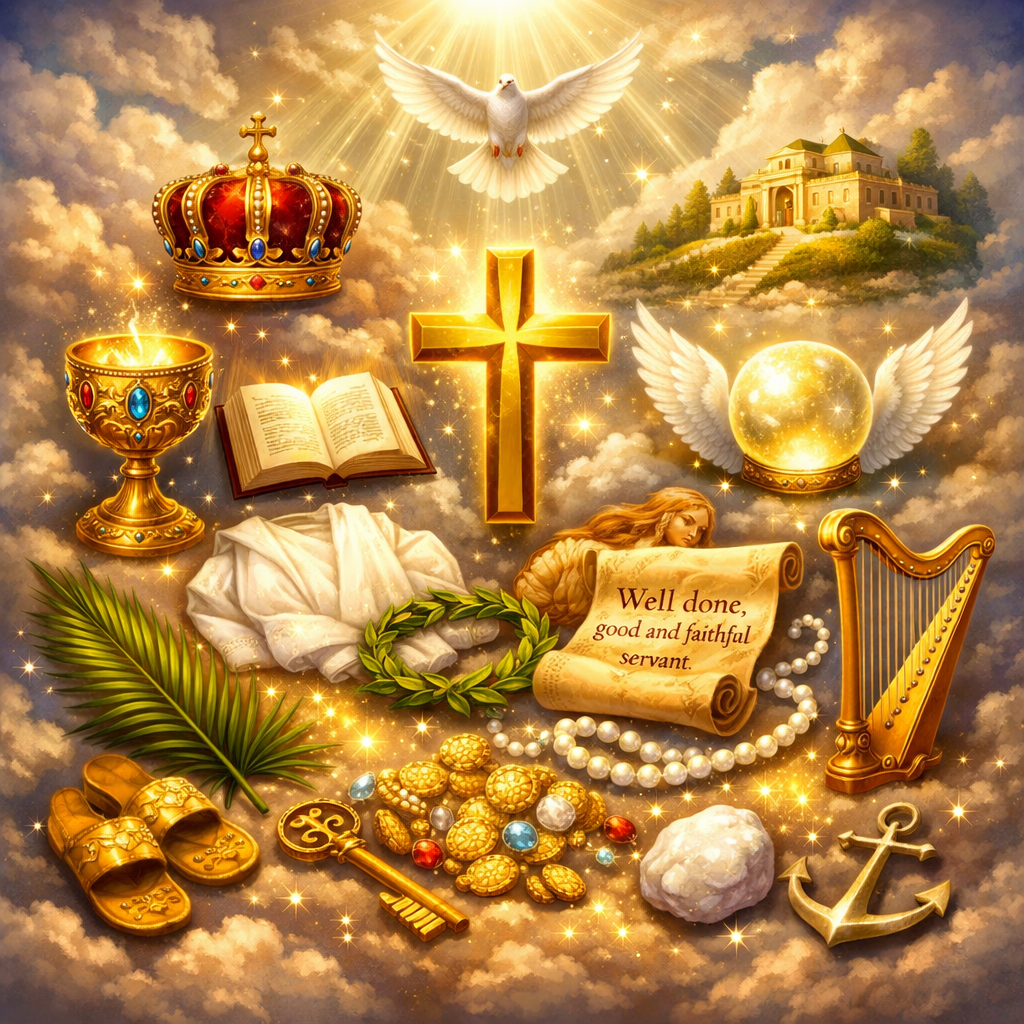 Golden cross, crown, chalice, dove, open Bible, harp, sandals, key, pearl necklace, olive branch, scroll with 'Well done, good and faithful servant', anchor, and mansion among clouds