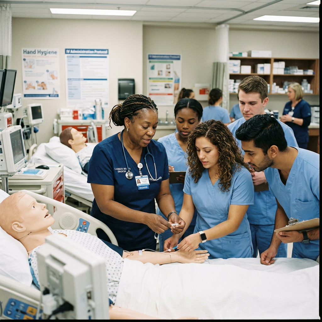 Nursing instructor guiding students during IV practice on a hospital mannequin